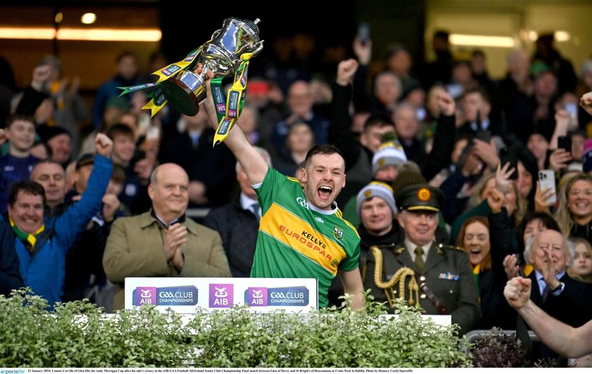 Conor Carville lifting the Andy Merrigan Cup in Croke park